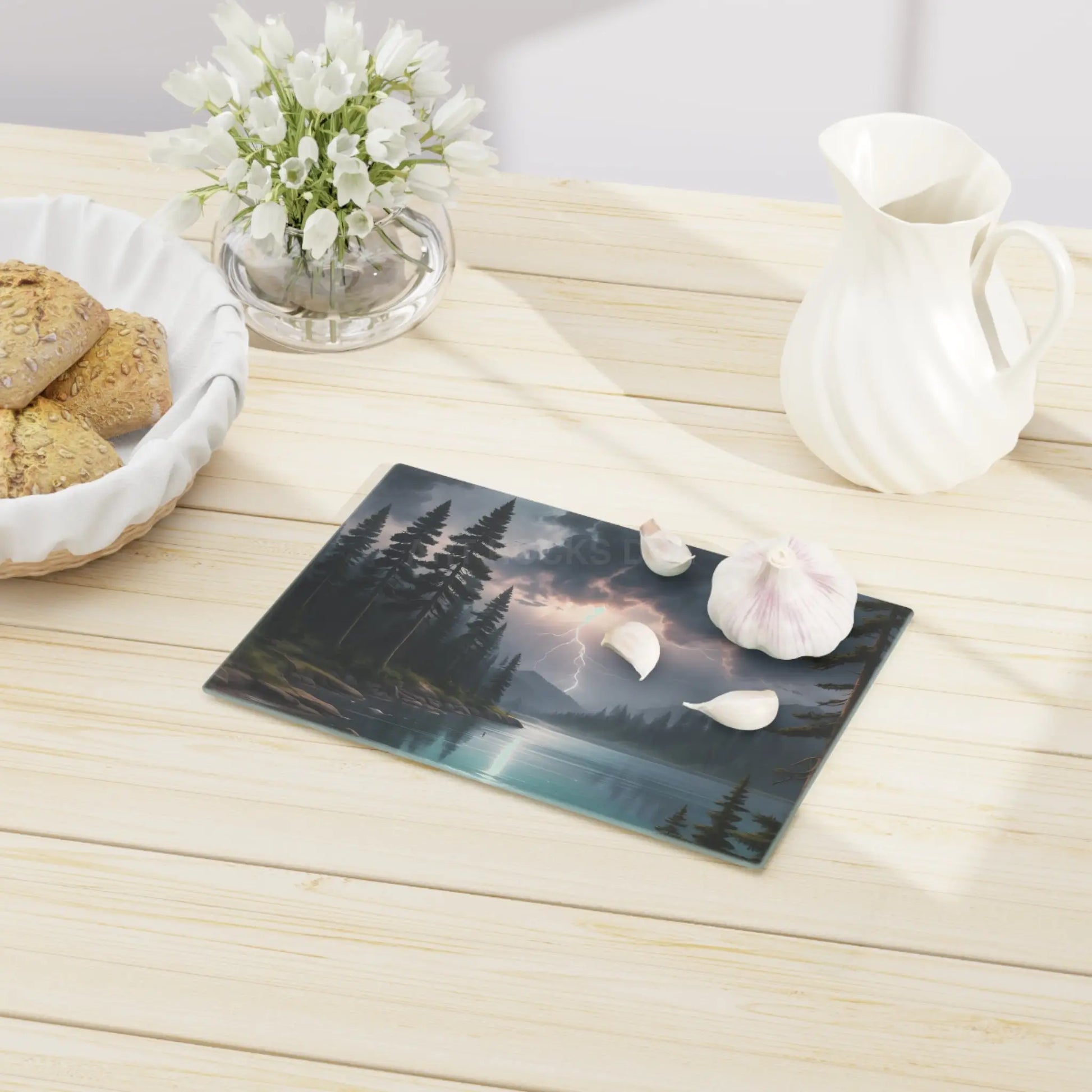 Stormy Mountain Lake Cutting Board — Lightning Over Pine Forest Kitchen Board - Home Decor
