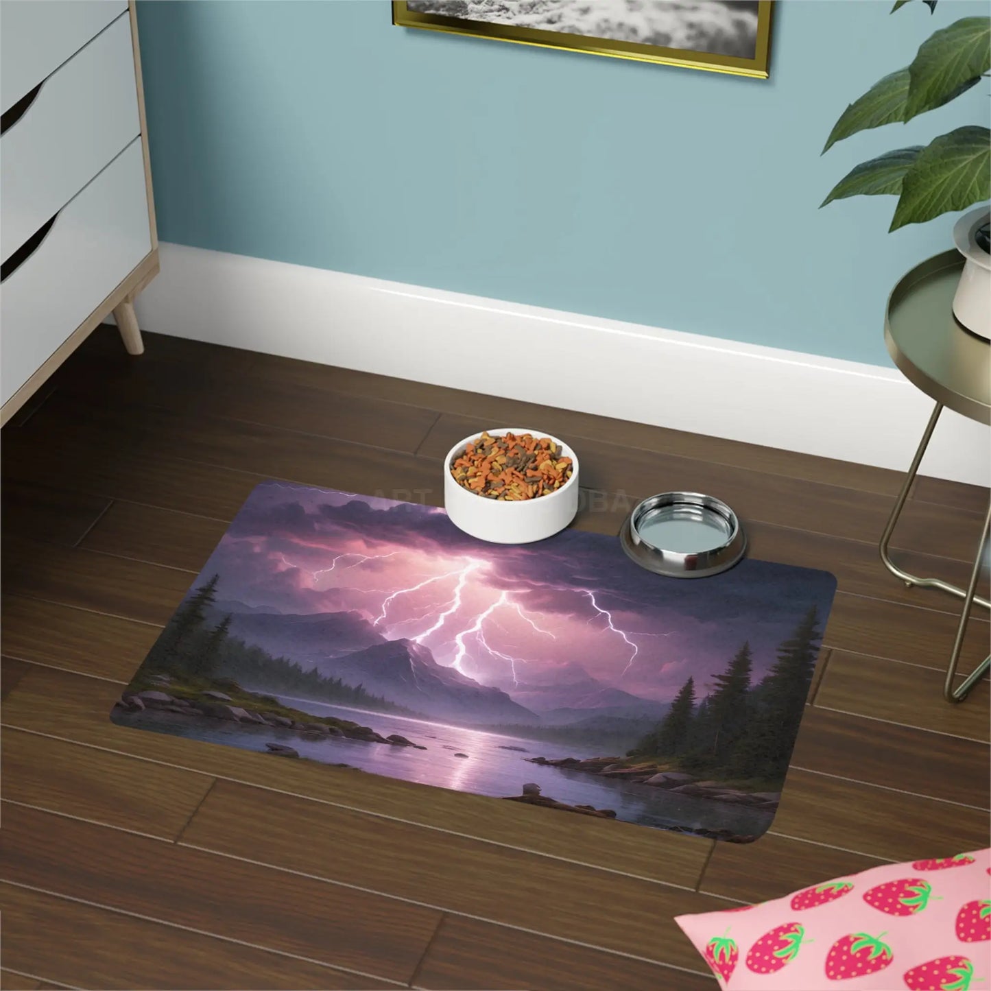 Stormy Mountain Lake Pet Food Mat (12x18) — Lightning Nature Floor Mat for Dogs & Cats - 12’’ × 18’’ / Rectangle - Pets