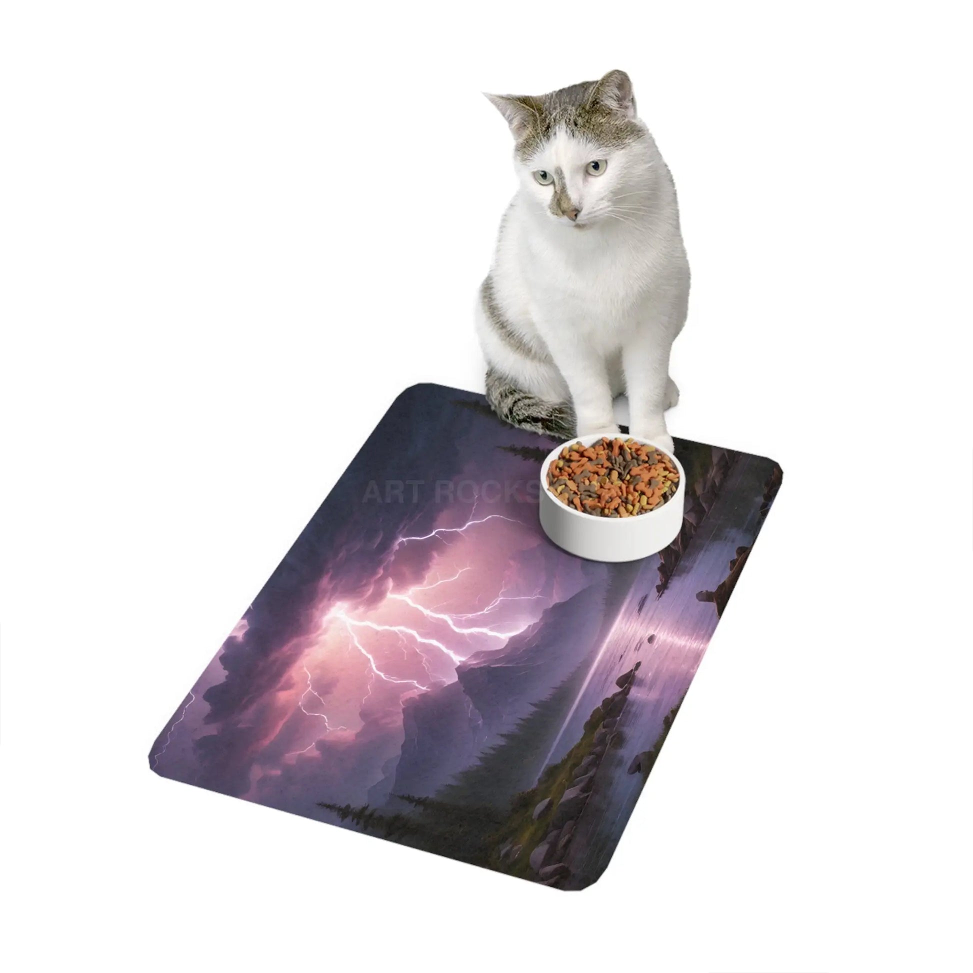 Stormy Mountain Lake Pet Food Mat (12x18) — Lightning Nature Floor Mat for Dogs & Cats - 12’’ × 18’’ / Rectangle - Pets
