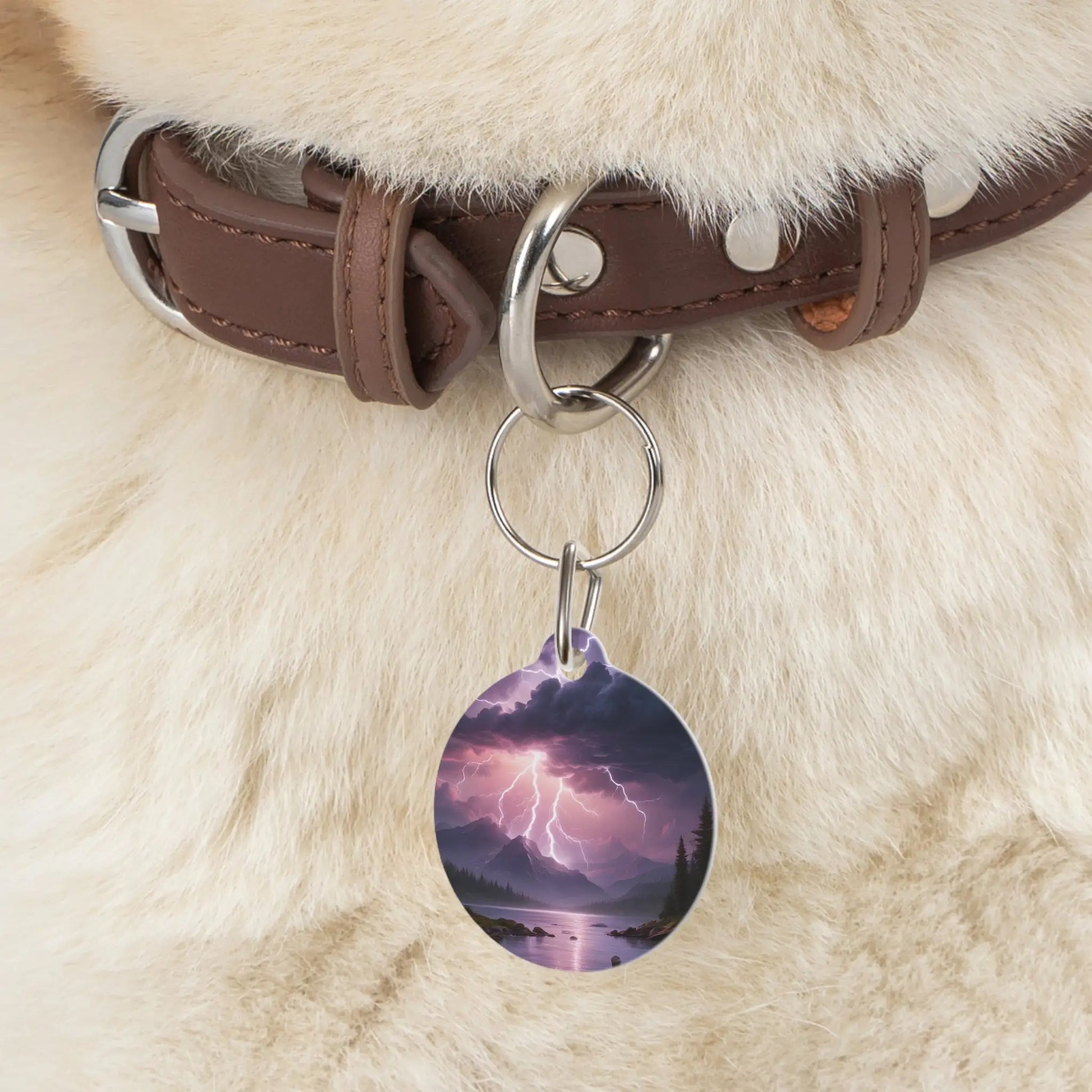 Stormy Mountain Lightning Pet Tag — Purple Lake Landscape ID Charm - 1’’ - Pets