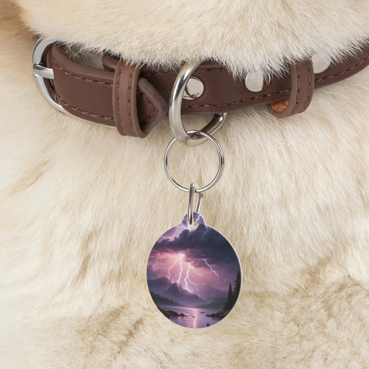 Stormy Mountain Lightning Pet Tag — Purple Lake Landscape ID Charm - 1’’ - Pets