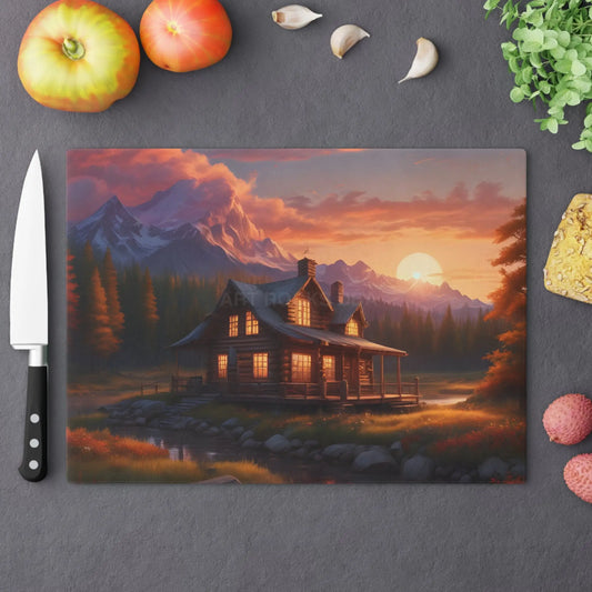 Sunset Cabin Cutting Board – Rustic Mountain Cabin Scenic Chopping Board - Large - Home Decor