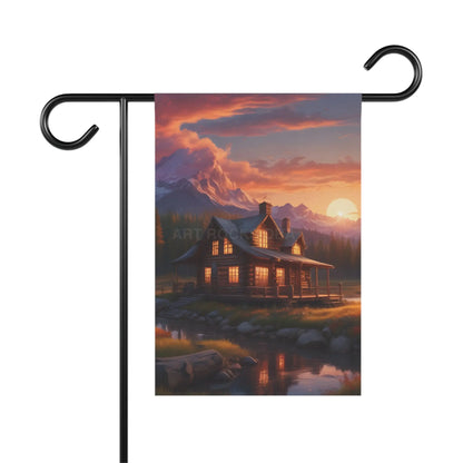 Sunset Cabin Garden Banner | Rustic Home Decor Outdoor Flag Cabin Vibes Garden Party Decoration Nature Inspired Banner
