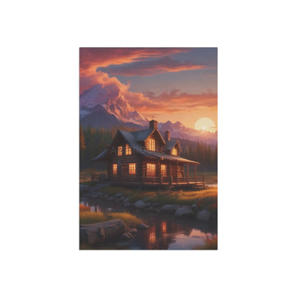 Sunset Cabin Garden Banner | Rustic Home Decor Outdoor Flag Cabin Vibes Garden Party Decoration Nature Inspired Banner