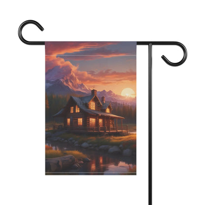 Sunset Cabin Garden Banner | Rustic Home Decor Outdoor Flag Cabin Vibes Garden Party Decoration Nature Inspired Banner