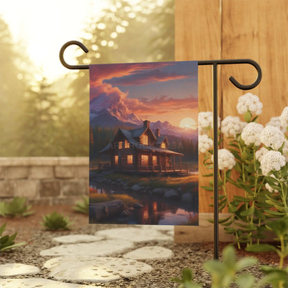 Sunset Cabin Garden Banner | Rustic Home Decor Outdoor Flag Cabin Vibes Garden Party Decoration Nature Inspired Banner