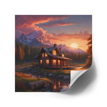 Sunset Cabin Square Stickers Nature Decor Rustic Home Decor Ideal for Gifts Outdoor Enthusiasts Car or Laptop Stickers