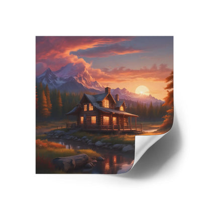 Sunset Cabin Square Stickers Nature Decor Rustic Home Decor Ideal for Gifts Outdoor Enthusiasts Car or Laptop Stickers