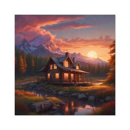 Sunset Cabin Square Stickers Nature Decor Rustic Home Decor Ideal for Gifts Outdoor Enthusiasts Car or Laptop Stickers