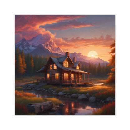 Sunset Cabin Square Stickers Nature Decor Rustic Home Decor Ideal for Gifts Outdoor Enthusiasts Car or Laptop Stickers