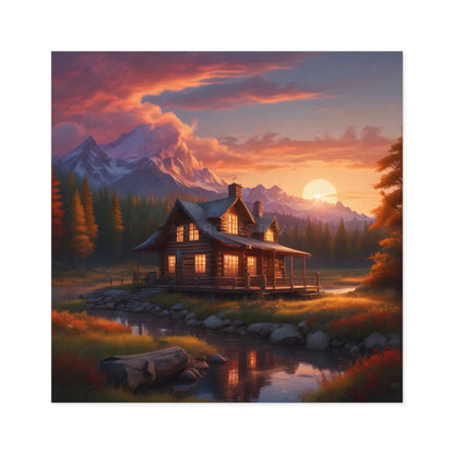 Sunset Cabin Square Stickers Nature Decor Rustic Home Decor Ideal for Gifts Outdoor Enthusiasts Car or Laptop Stickers