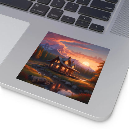 Sunset Cabin Square Stickers Nature Decor Rustic Home Decor Ideal for Gifts Outdoor Enthusiasts Car or Laptop Stickers