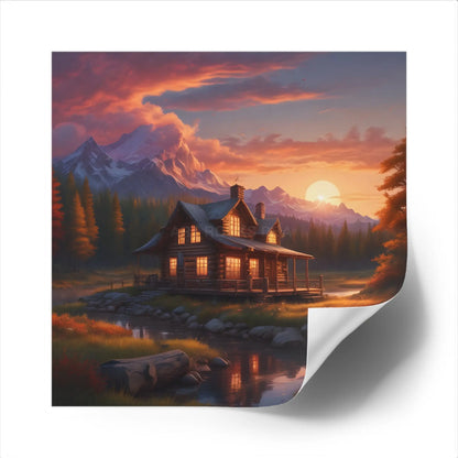 Sunset Cabin Square Stickers Nature Decor Rustic Home Decor Ideal for Gifts Outdoor Enthusiasts Car or Laptop Stickers