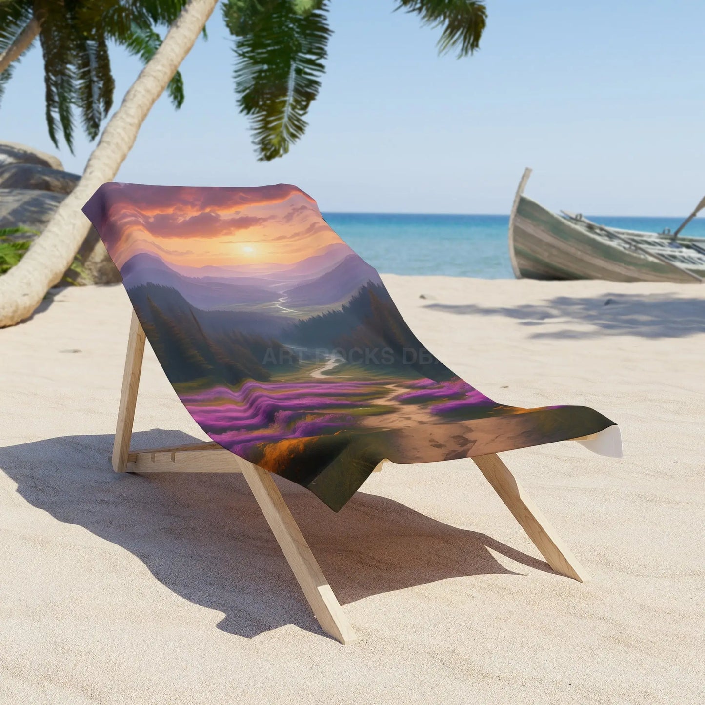 Sunset Lavender Path Beach Towel — Scenic Floral Sunset Beach Towel - 30’’ × 60’’ - Home Decor