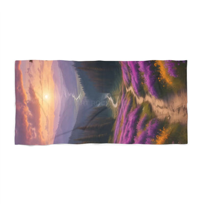 Sunset Lavender Path Beach Towel — Scenic Floral Sunset Beach Towel - 36’’ × 72’’ - Home Decor