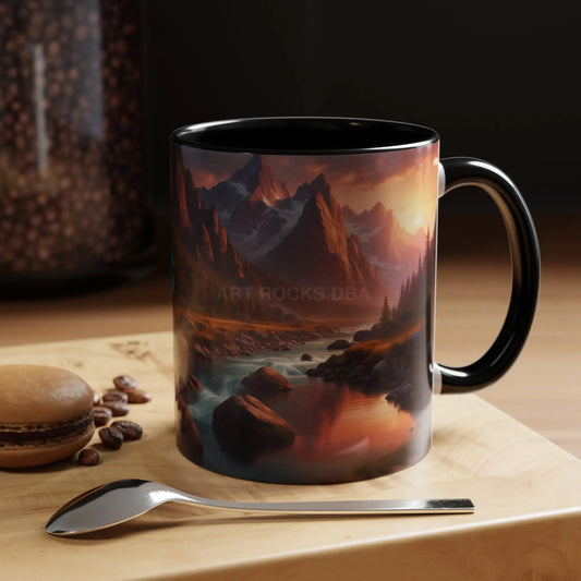 Sunset Mountain River Accent Coffee Mug — Sunrise Landscape - 11oz / Black - Mug