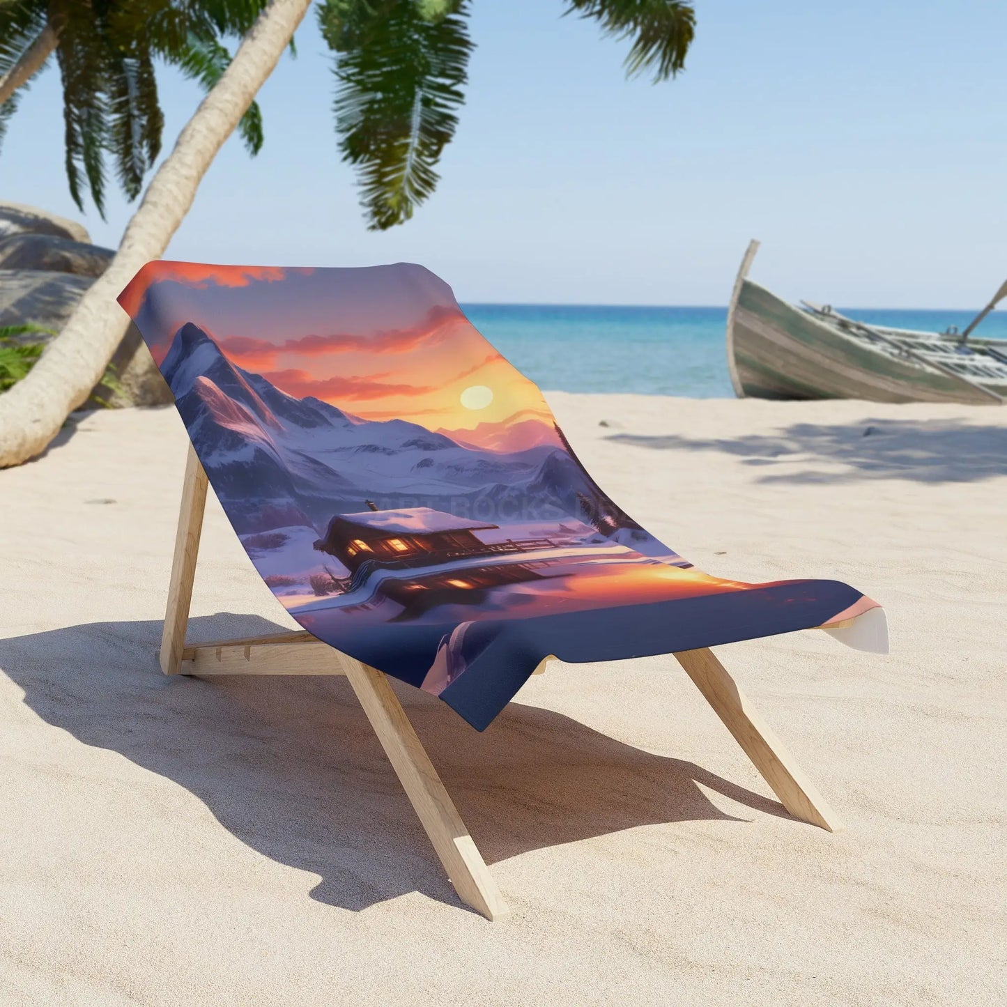 Sunset Winter Cabin Beach Towel — Cozy Mountain Sunset Design - 30’’ × 60’’ - Home Decor