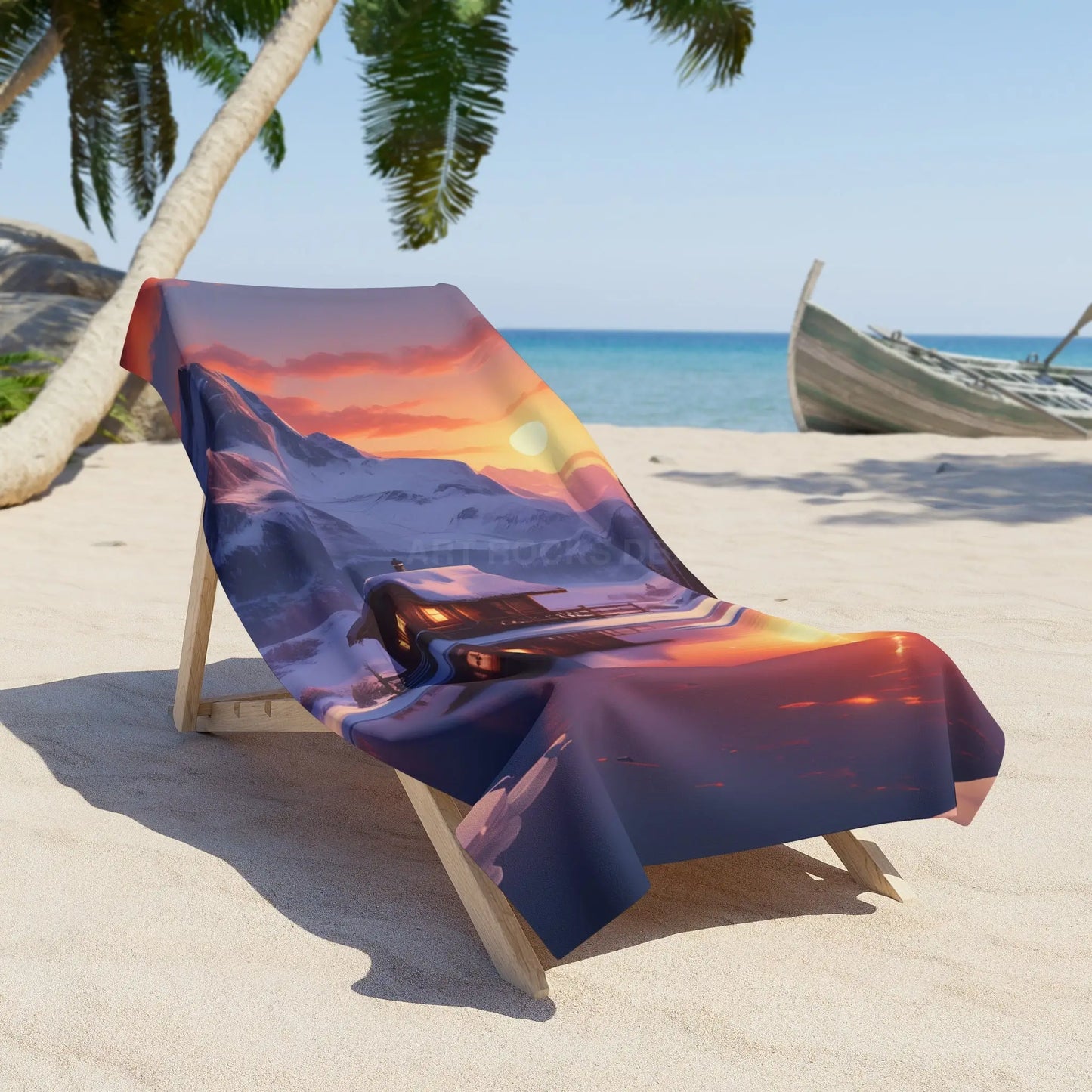Sunset Winter Cabin Beach Towel — Cozy Mountain Sunset Design - Home Decor