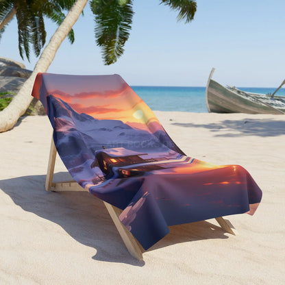 Sunset Winter Cabin Beach Towel — Cozy Mountain Sunset Design - Home Decor