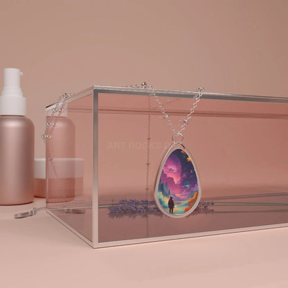 Surreal Sunset Oval Necklace – Dreamscape Pendant Jewelry for Travelers & Gift Giving - One Size / Silver - Accessories
