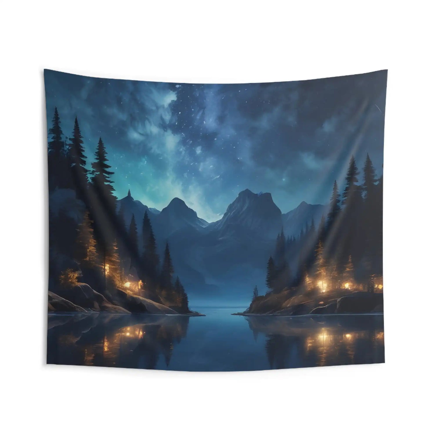 A tapestry depicting a vibrant night sky over mountains and a lake with illuminated cabins.
