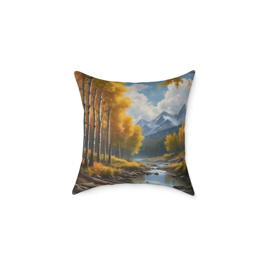 Throw Pillow - Aspen Tree Forest With a Flowing River Peacefully Sitting Below Snowy Mountains - 18’’ × 18’’ - Home