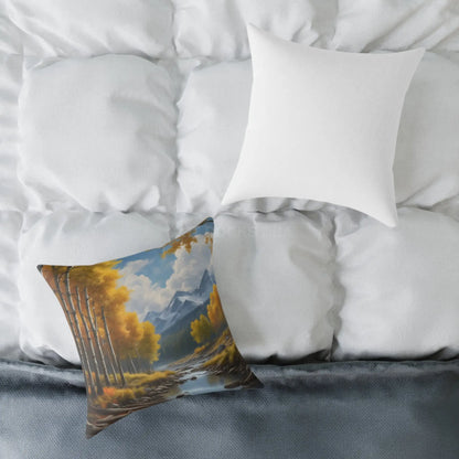 Throw Pillow - Aspen Tree Forest With a Flowing River Peacefully Sitting Below Snowy Mountains - Home Decor