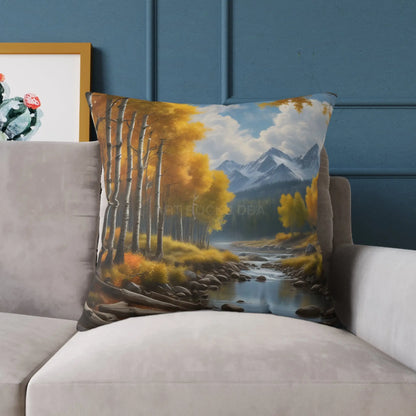 Throw Pillow - Aspen Tree Forest With a Flowing River Peacefully Sitting Below Snowy Mountains - Home Decor