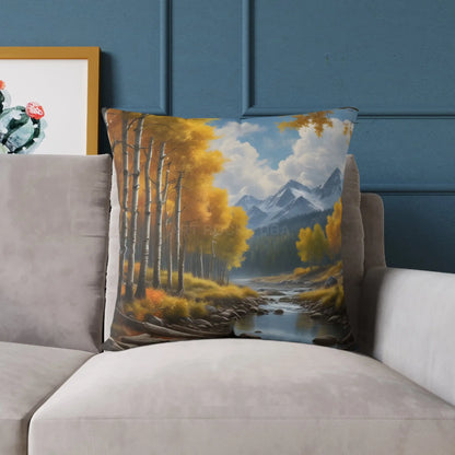Throw Pillow - Aspen Tree Forest With a Flowing River Peacefully Sitting Below Snowy Mountains - Home Decor