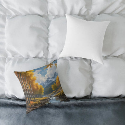 Throw Pillow - Aspen Tree Forest With a Flowing River Peacefully Sitting Below Snowy Mountains - Home Decor