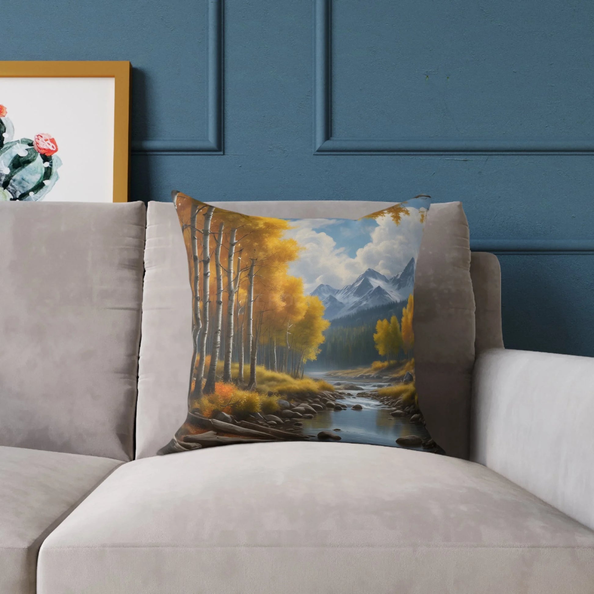 Throw Pillow - Aspen Tree Forest With a Flowing River Peacefully Sitting Below Snowy Mountains - Home Decor
