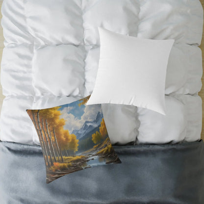 Throw Pillow - Aspen Tree Forest With a Flowing River Peacefully Sitting Below Snowy Mountains - Home Decor