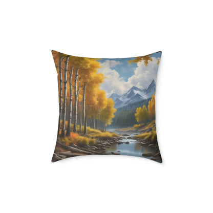 Throw Pillow - Aspen Tree Forest With a Flowing River Peacefully Sitting Below Snowy Mountains - 20’’ × 20’’ - Home