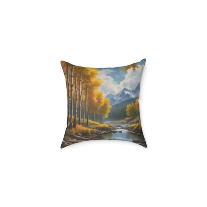 Throw Pillow - Aspen Tree Forest With a Flowing River Peacefully Sitting Below Snowy Mountains - 16’’ × 16’’ - Home