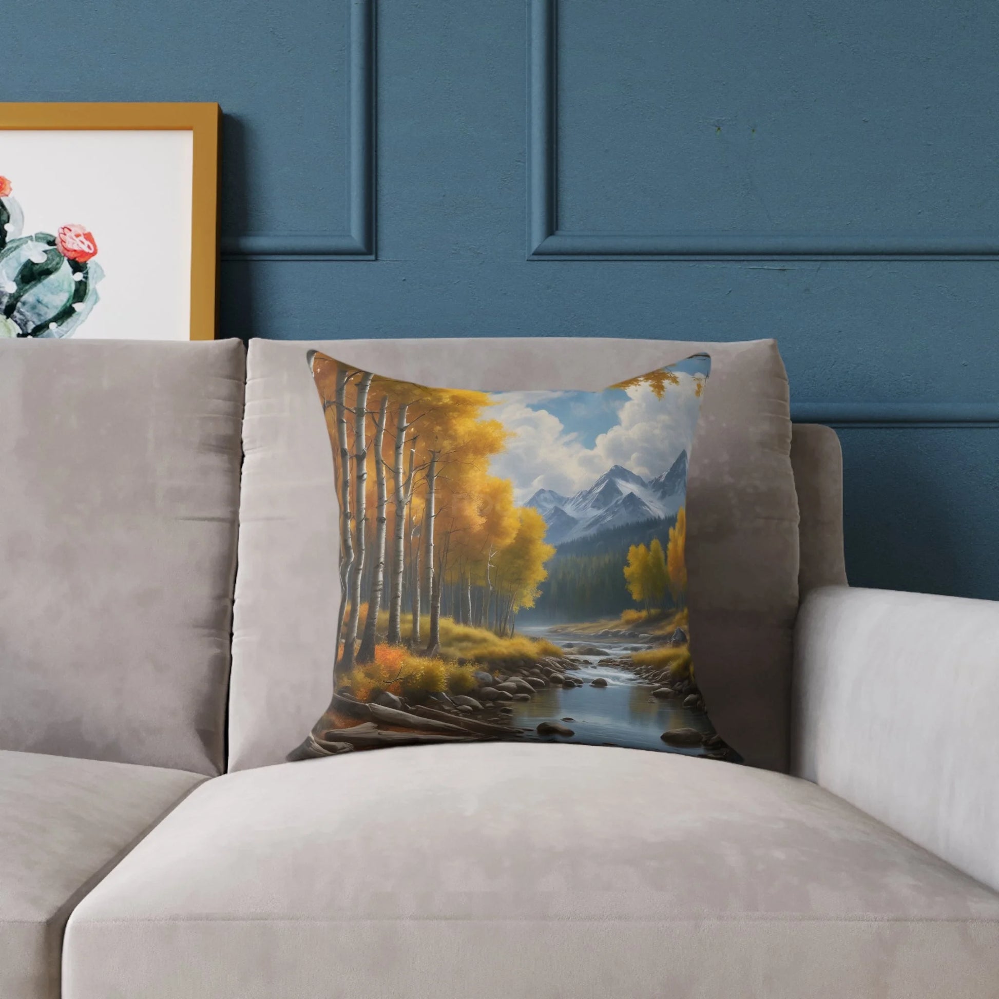 Throw Pillow - Aspen Tree Forest With a Flowing River Peacefully Sitting Below Snowy Mountains - Home Decor