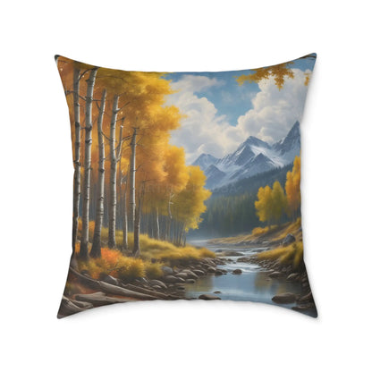 Throw Pillow - Aspen Tree Forest With a Flowing River Peacefully Sitting Below Snowy Mountains - 26’’ × 26’’ - Home