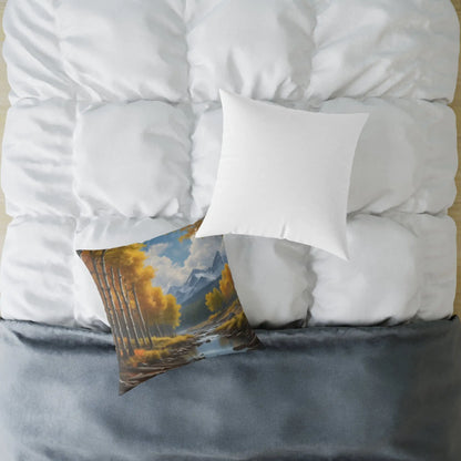 Throw Pillow - Aspen Tree Forest With a Flowing River Peacefully Sitting Below Snowy Mountains - Home Decor
