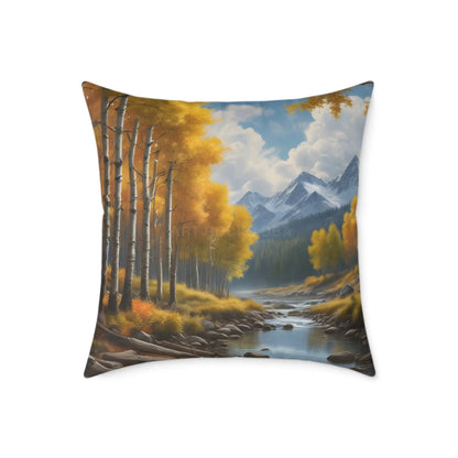 Throw Pillow - Aspen Tree Forest With a Flowing River Peacefully Sitting Below Snowy Mountains - 24’’ × 24’’ - Home