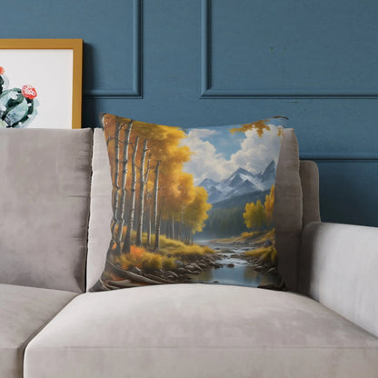Throw Pillow - Aspen Tree Forest With a Flowing River Peacefully Sitting Below Snowy Mountains - Home Decor