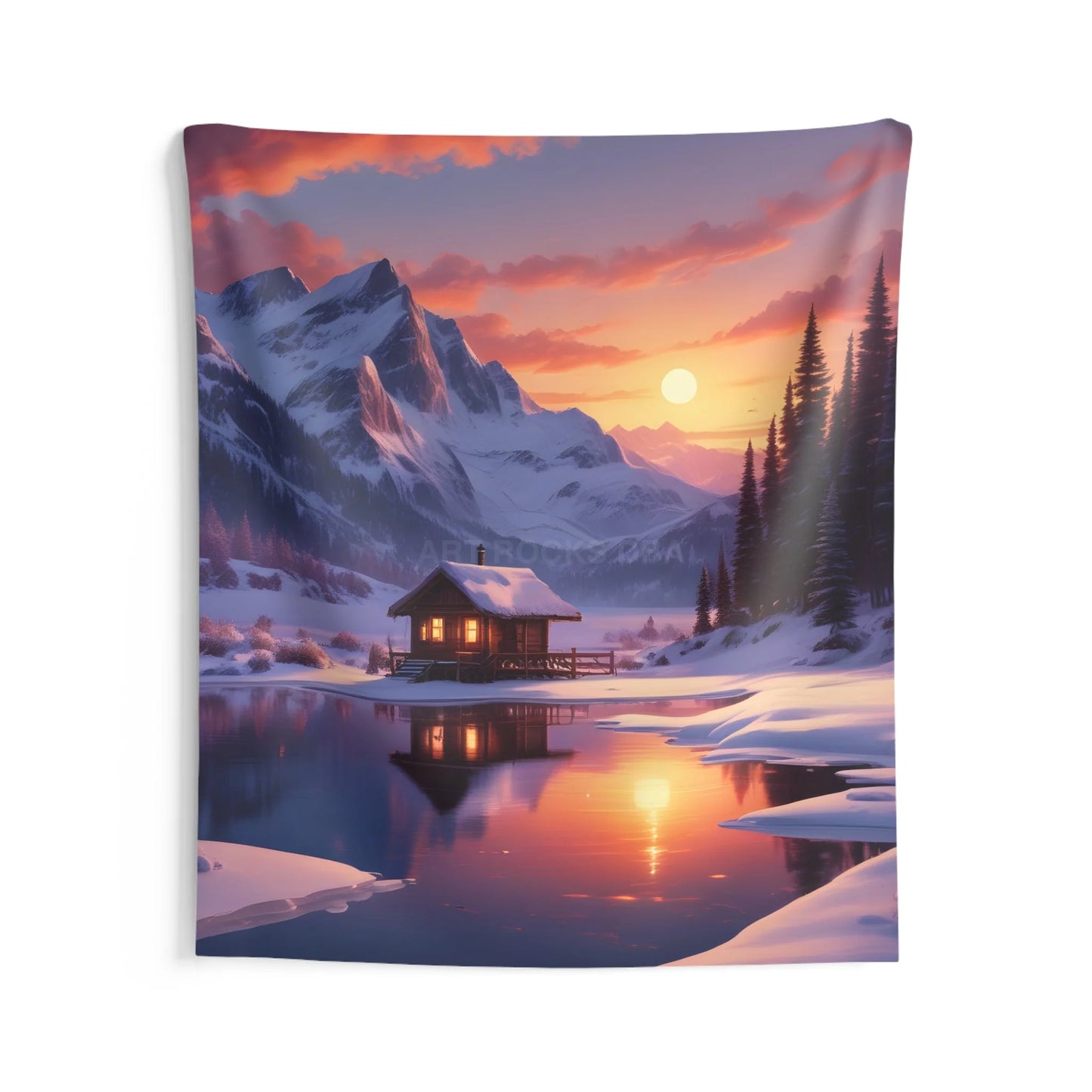 Tiny Cabin Mountain Retreat Wall Tapestry Cozy Home Decor Nature wall art Boho Decor Gift for Nature Lovers Scenic