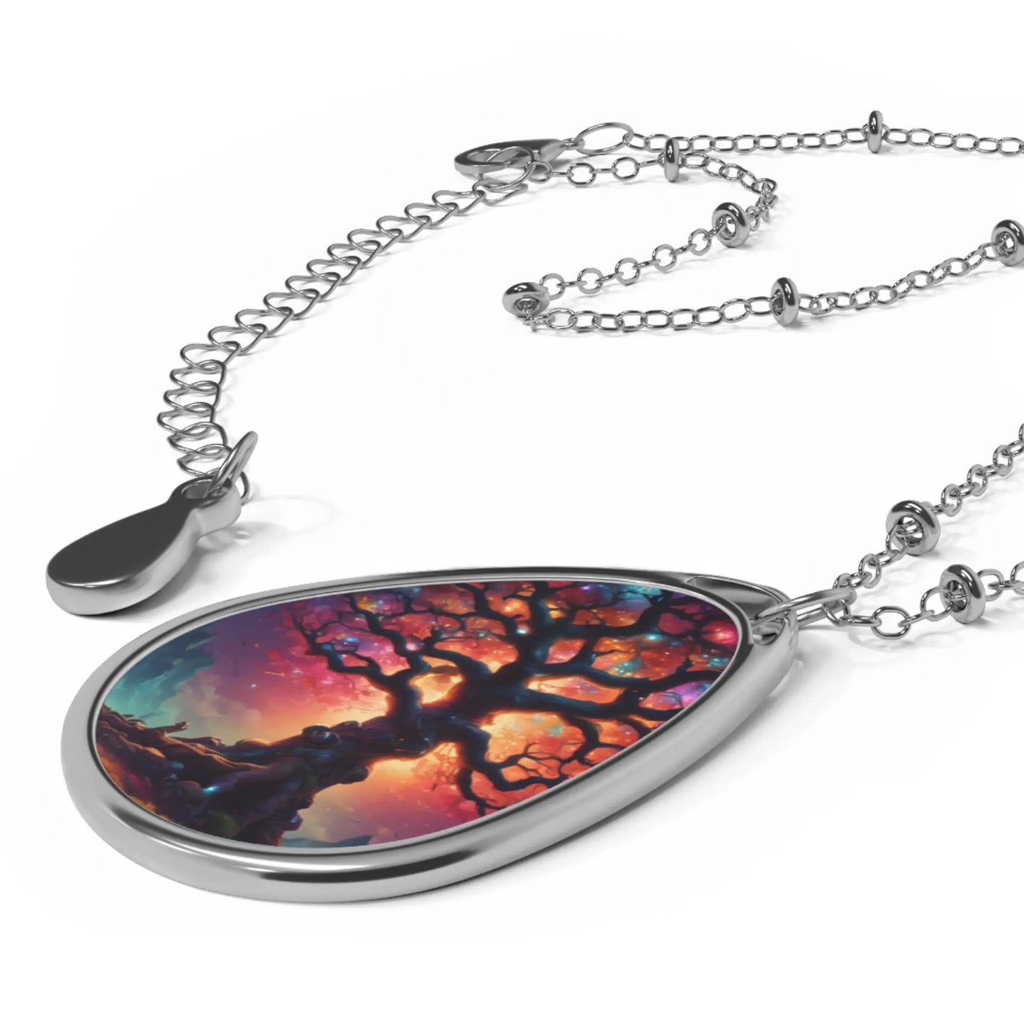 Tree of Life Oval Necklace — Colorful Sunset Teardrop Pendant - One Size / Silver - Accessories