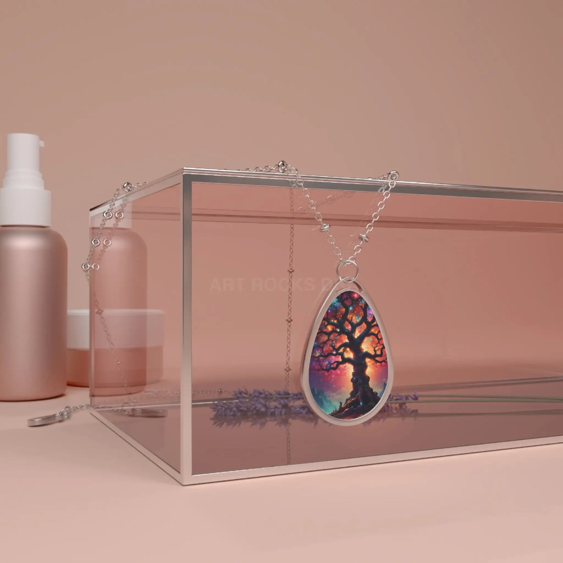 Tree of Life Oval Necklace — Colorful Sunset Teardrop Pendant - One Size / Silver - Accessories