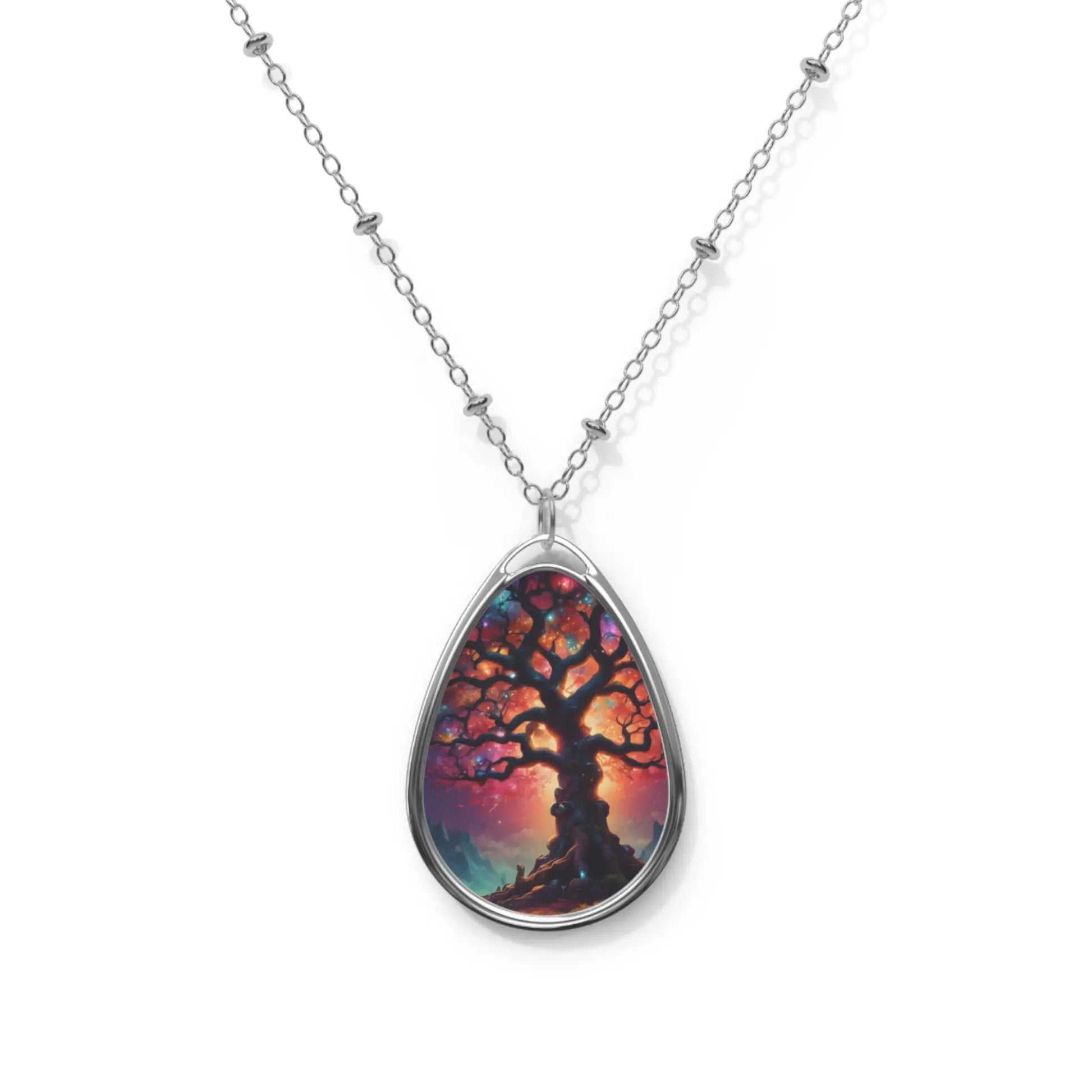 Tree of Life Oval Necklace — Colorful Sunset Teardrop Pendant - One Size / Silver - Accessories