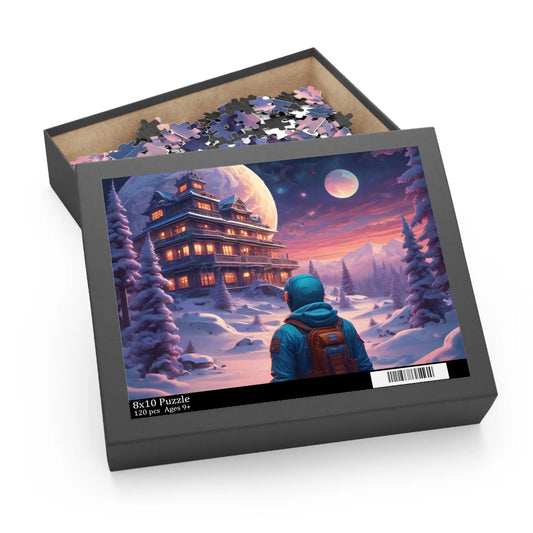 Trippy Moonlit Snowscape Lodge Jigsaw (120/252/500 pcs) - 10’’ × 8’’ (120 pcs) - Puzzle