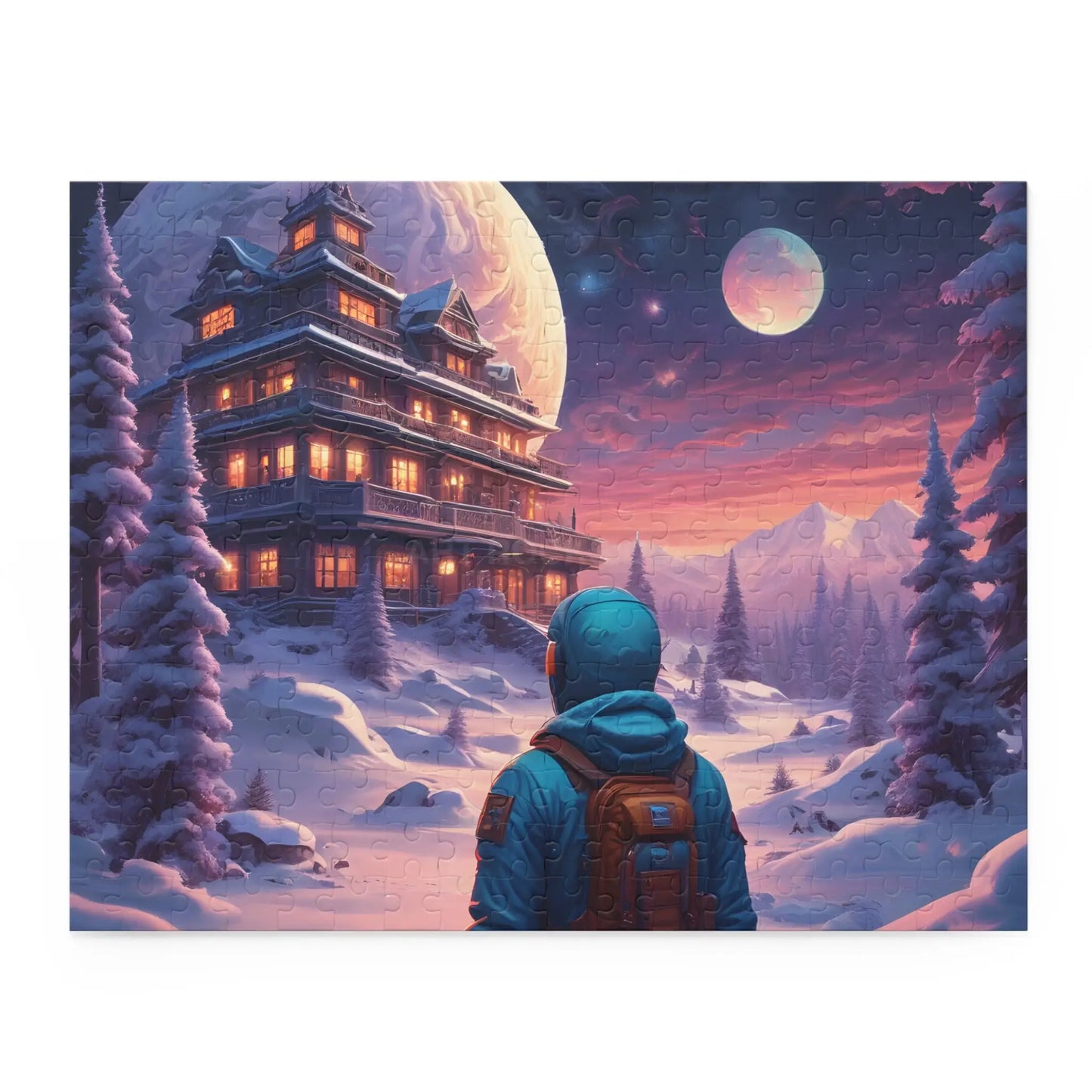 Trippy Moonlit Snowscape Lodge Jigsaw (120/252/500 pcs) - 14’’ × 11’’ (252 pcs) - Puzzle