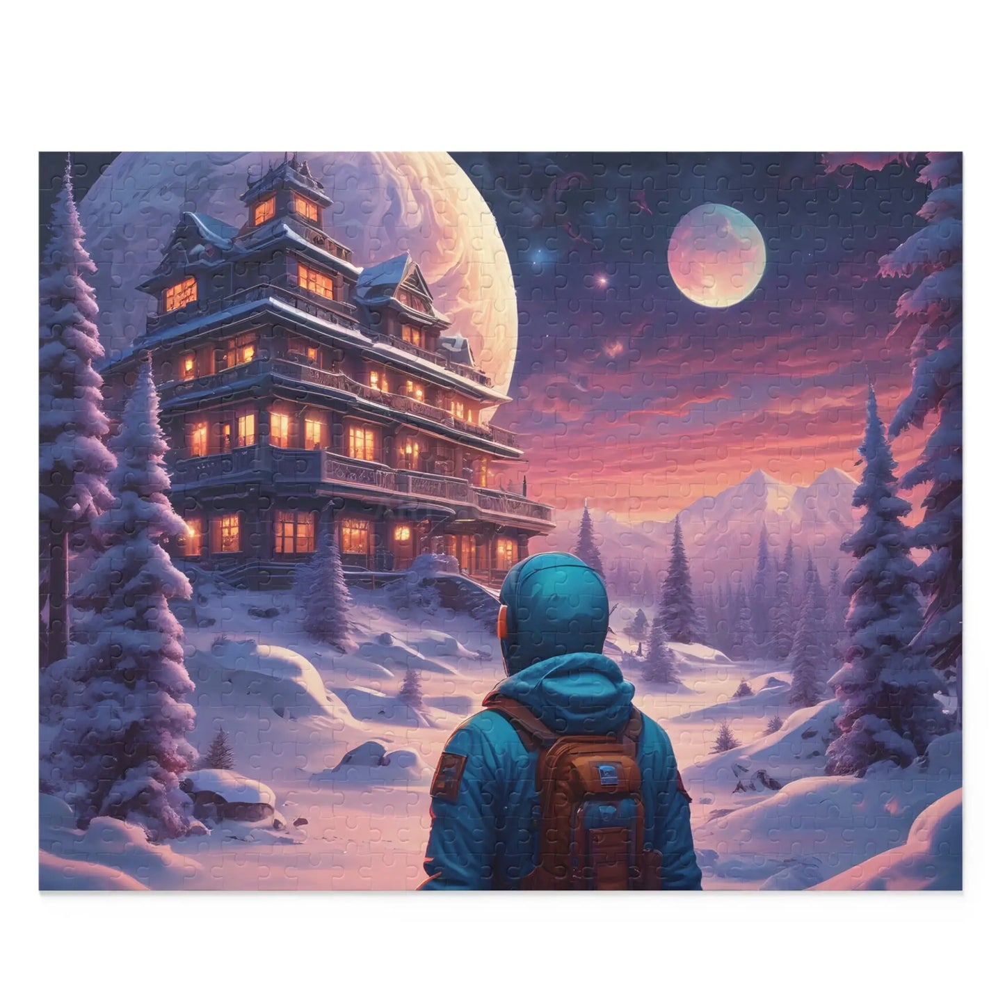 Trippy Moonlit Snowscape Lodge Jigsaw (120/252/500 pcs) - 20’’ × 16’’ (500 pcs) - Puzzle
