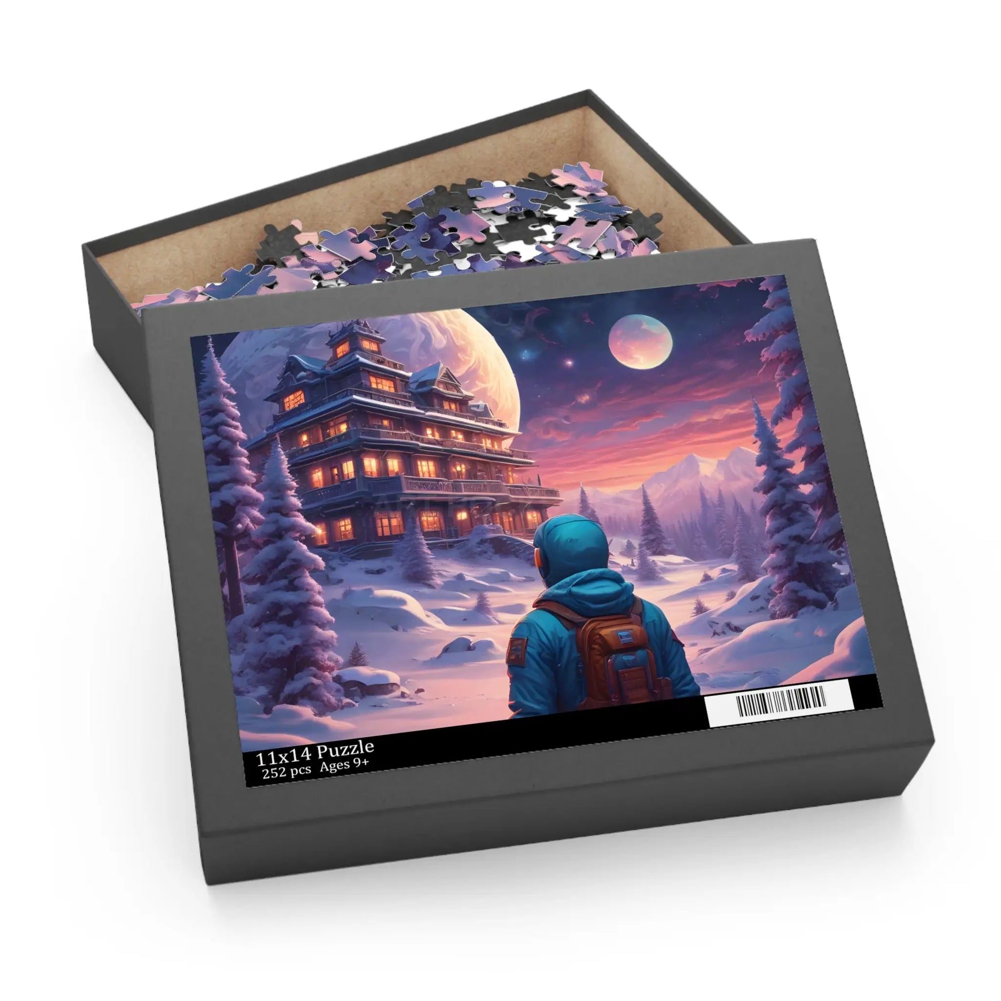 Trippy Moonlit Snowscape Lodge Jigsaw (120/252/500 pcs) - Puzzle