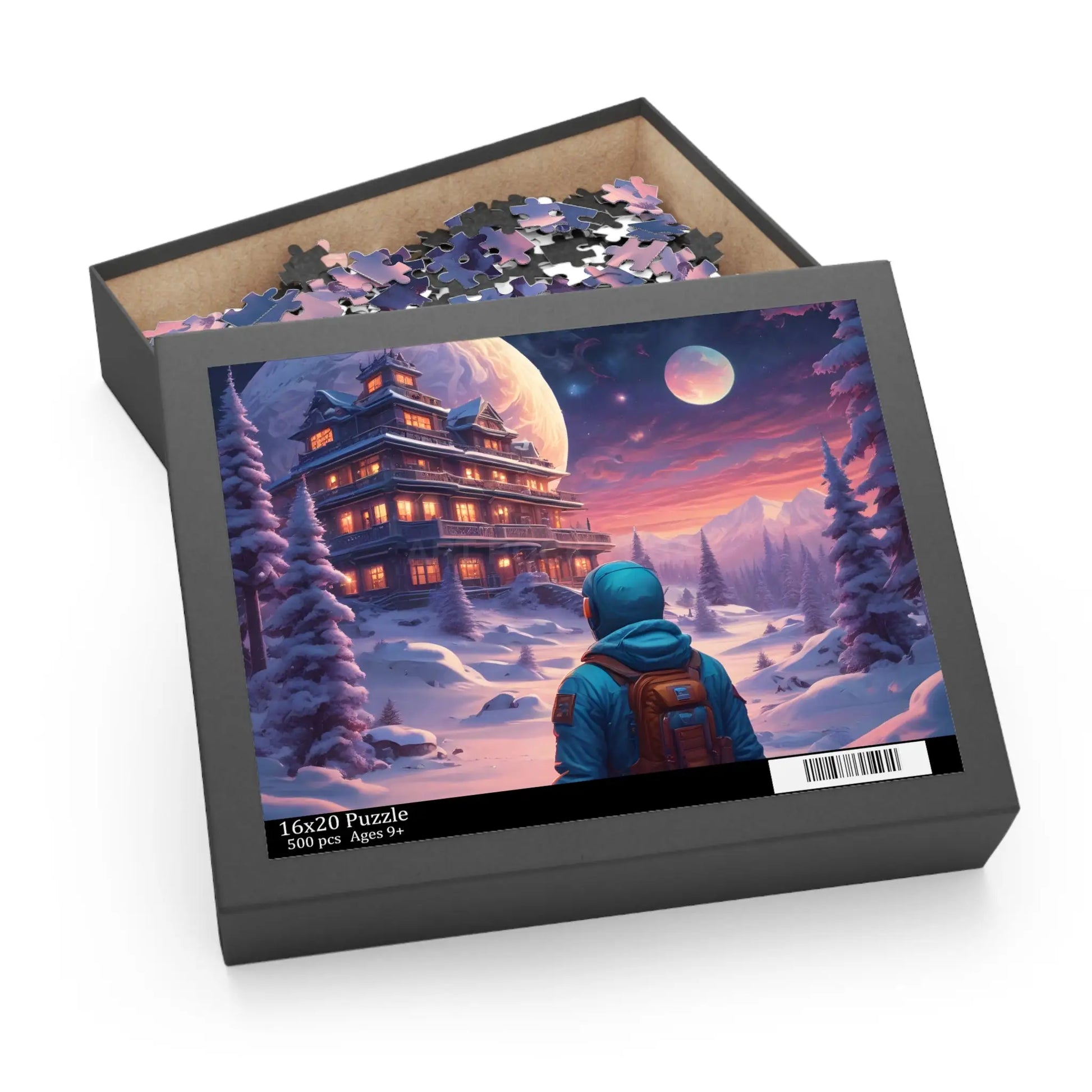 Trippy Moonlit Snowscape Lodge Jigsaw (120/252/500 pcs) - Puzzle
