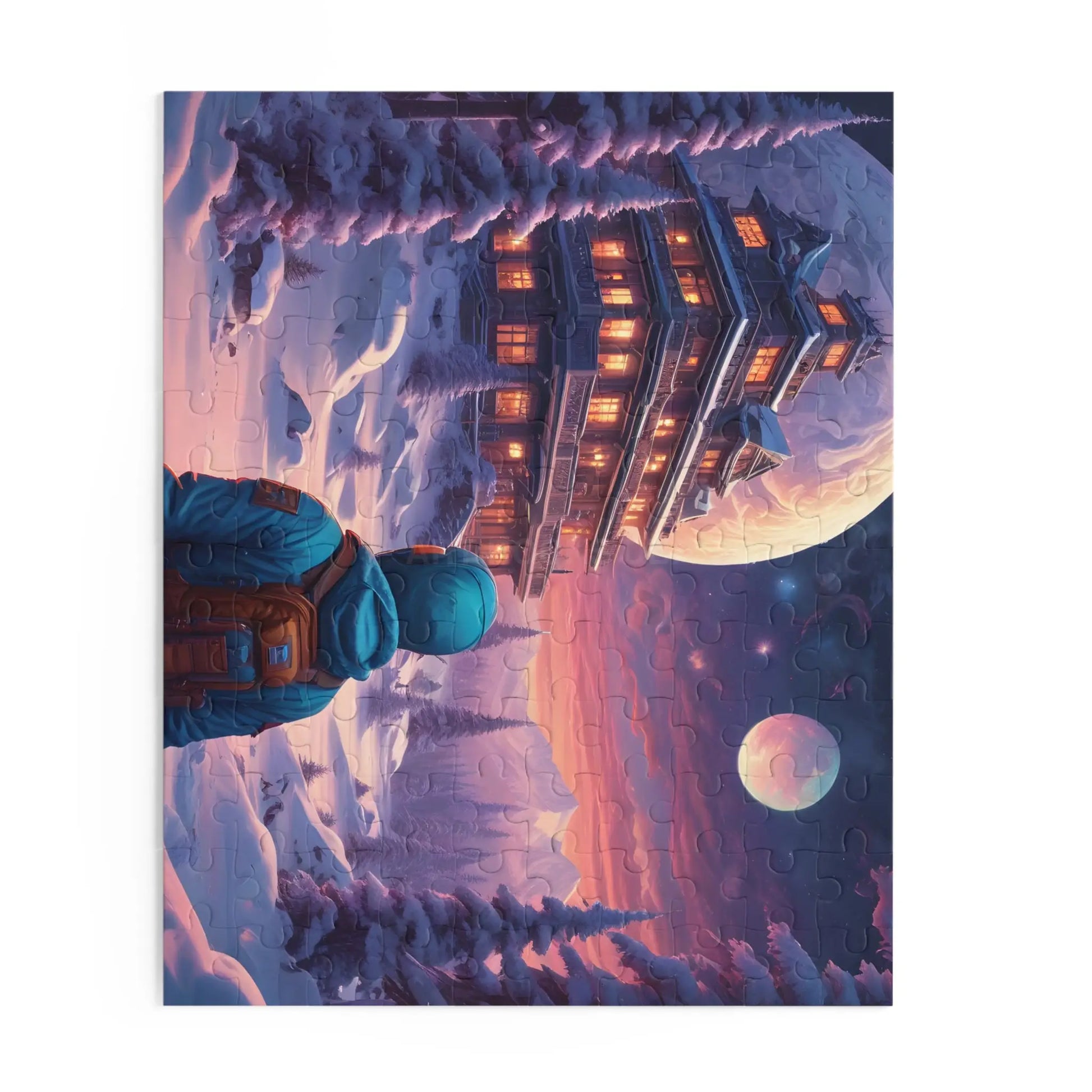 Trippy Moonlit Snowscape Lodge Jigsaw (120/252/500 pcs) - Puzzle