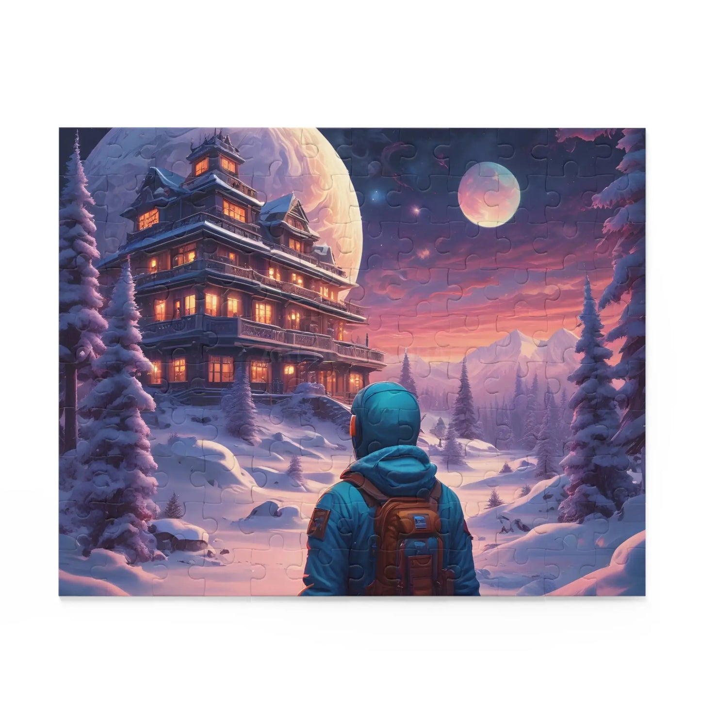 Trippy Moonlit Snowscape Lodge Jigsaw (120/252/500 pcs) - Puzzle